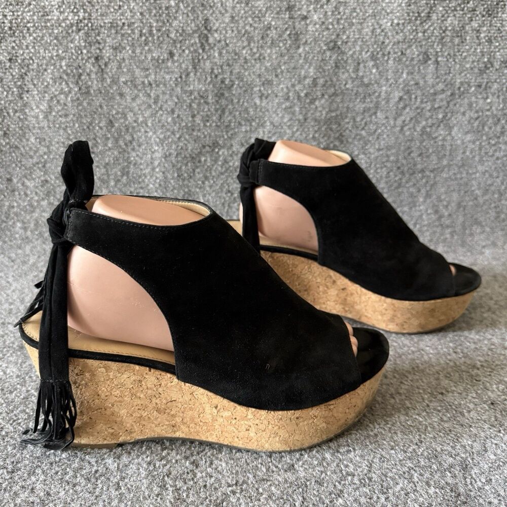 Marc Fisher Sueann Suede Platform Cork Wedge Tassel Tie Sandals Black Women 9.5M